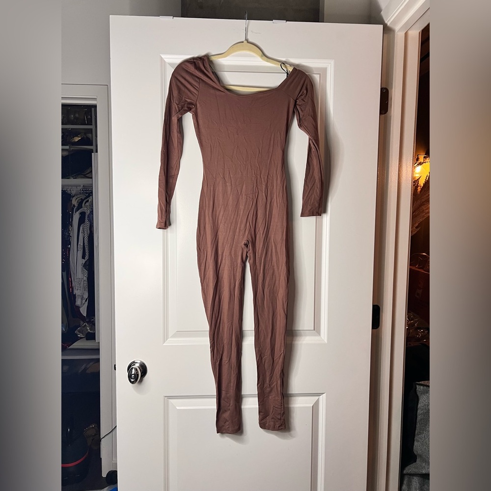BODYBASIX CHOCOLATE CAMBRIE OFF THE SHOULDER JUMPSUIT - Picture 3 of 4
